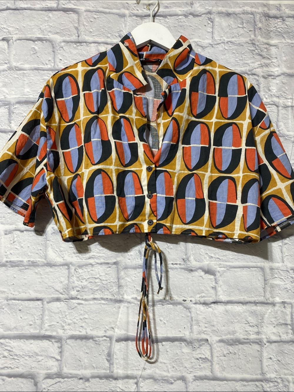 Zara Geometric Cropped Button-Up Top in Mustard, Black, Blue, Red